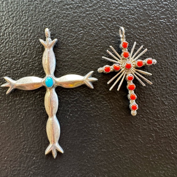 Navajo Sterling Cross Pendants & Red Coral Cuff - Picture 2 of 6